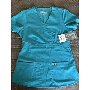 GREYS ANATOMY Barco Scrubs Top Mock Wrap V-Neck 3 Pocket Blue XS NWT Teal